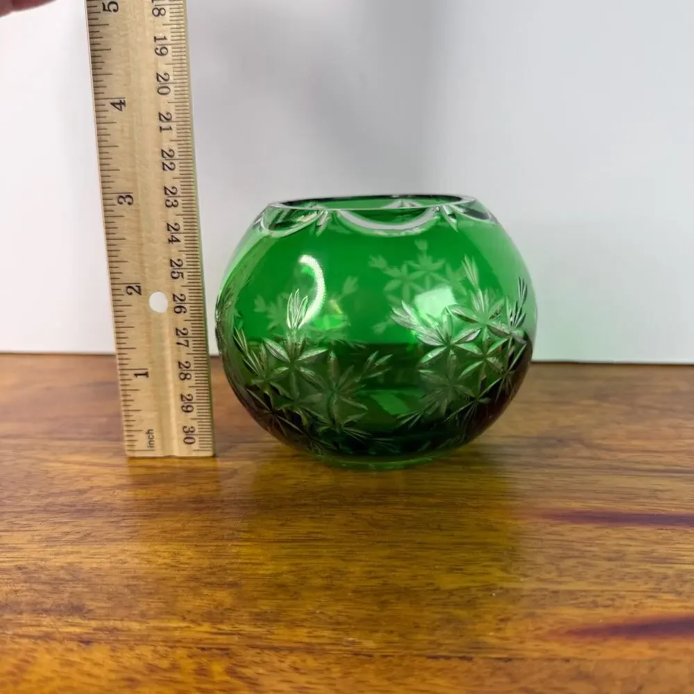 Vintage Emerald Green Cut to Clear Bohemian Bowl Vase